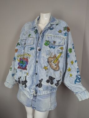 Vintage 1989 JouJou Denim Jacket Hand Painted Embellished Art Jacket Oversized 8
